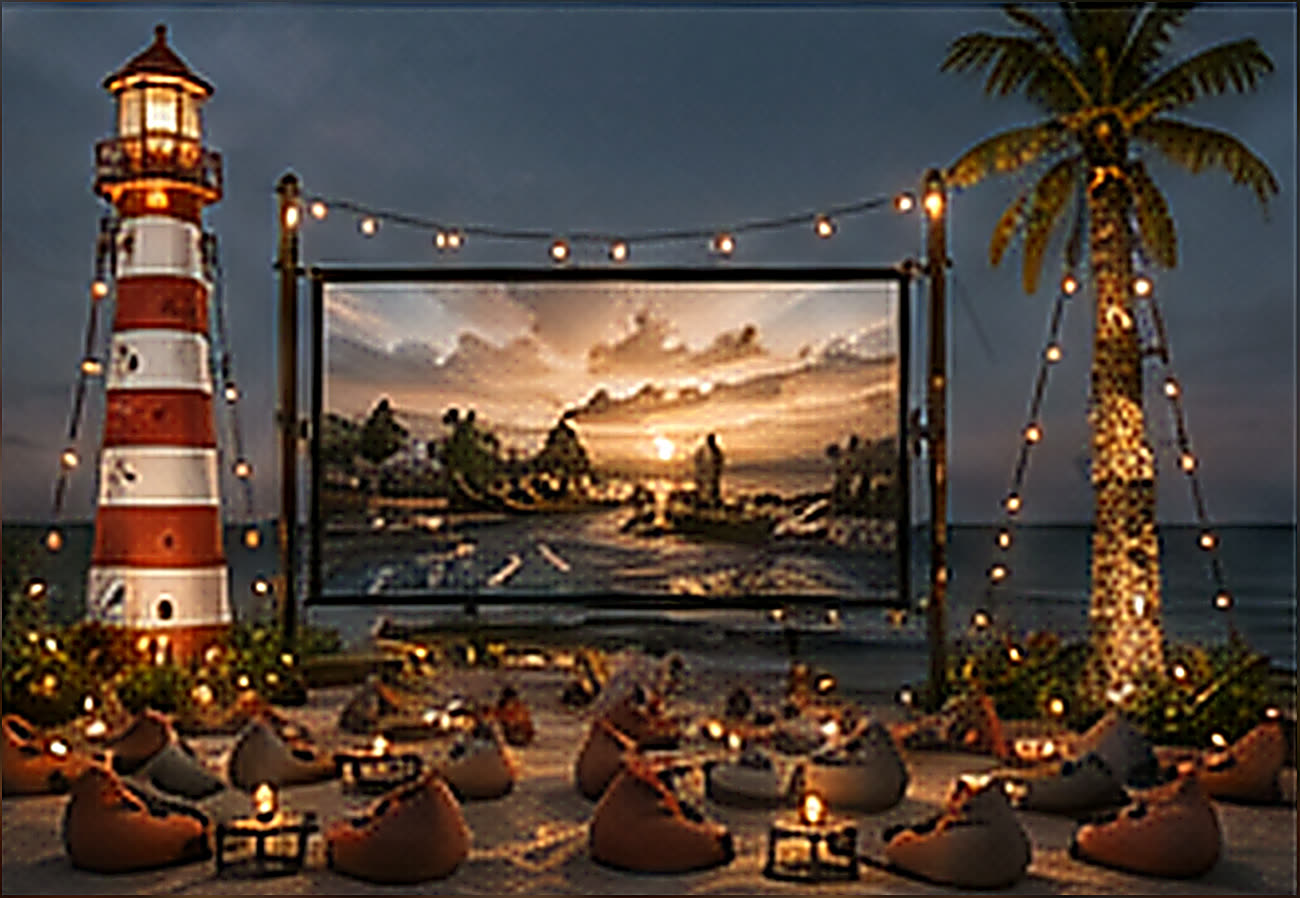 Beach cinema with lighthouse and beanbags