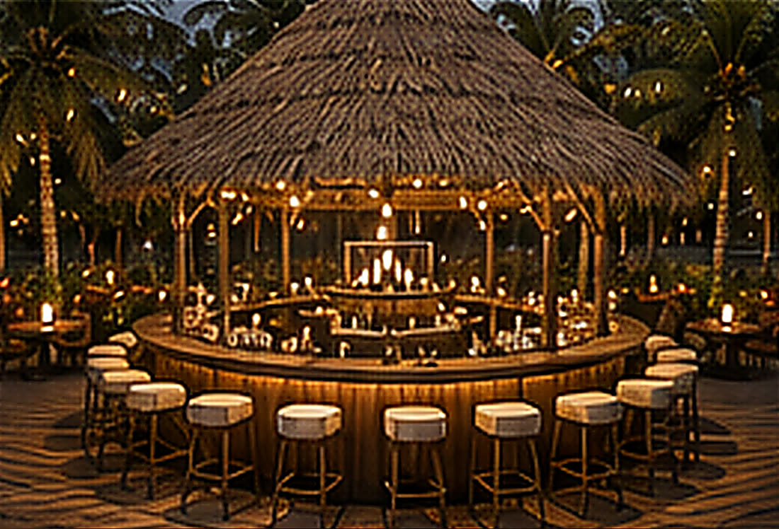 Quầy bar tròn dưới mái lá